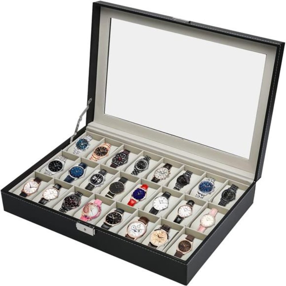 24 Slot Black Leather Watch Box ,Metal Buckle Watch Storage w/ Removable Pillow